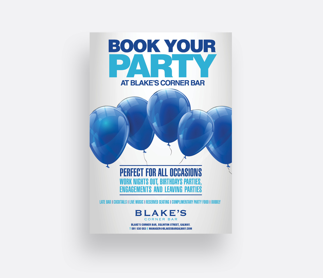 Blake's Bar 'Book Your Party' A2 promotional poster
