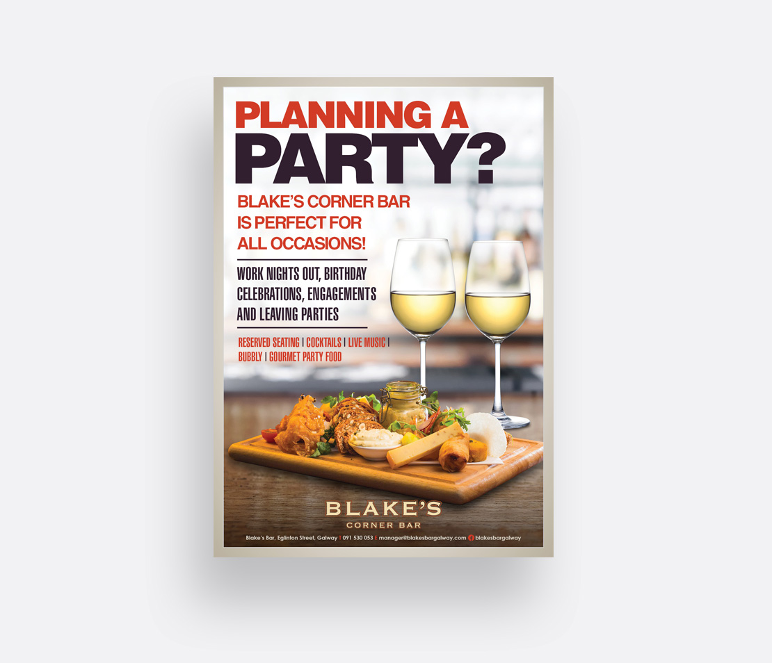 Blake's Bar 'Planning a Party?' A2 promotional poster