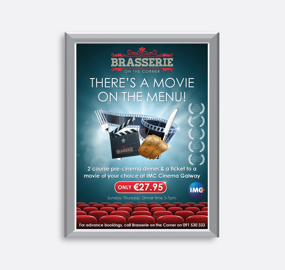 Brasserie on the Corner 'Movie on the Menu' promotional A2 poster in conjunction with IMC Cinema