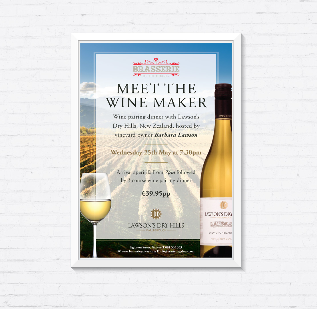 Brasserie on the Corner Lawson's Vineyard 'Meet the Winemaker' promotional A2 poster