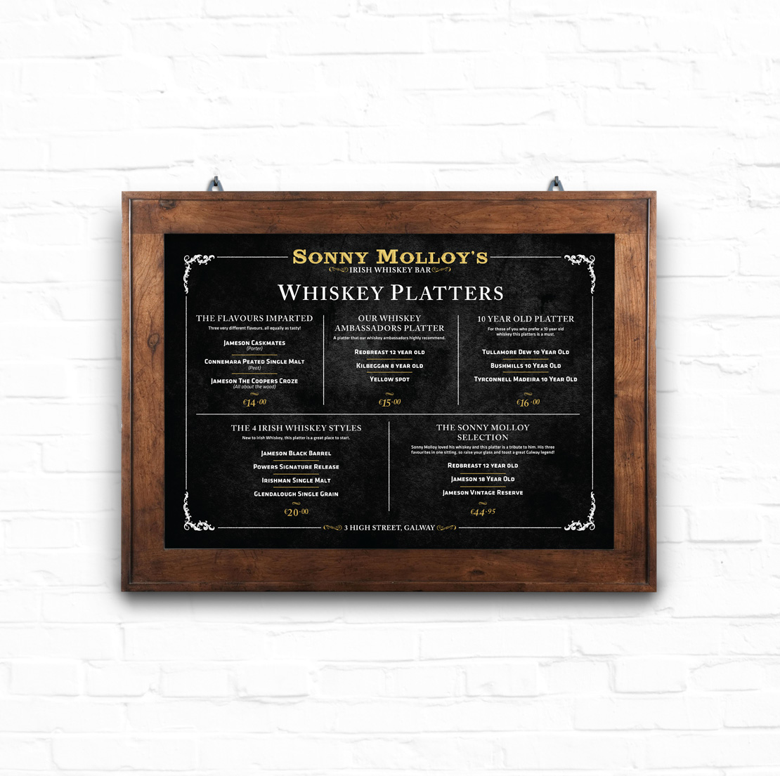 Sonny Molloy’s whiskey platter menu design for bar wall