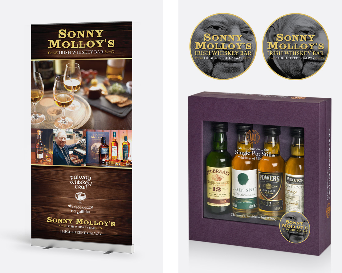 Sonny Molloy’s whiskey pull-up event poster (left) and sticker design for gift pack featuring the face of Sonny Molloy