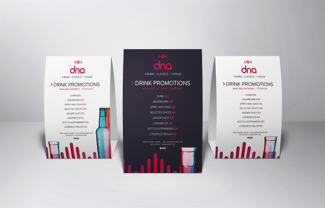 dna A5 promotional tent cards