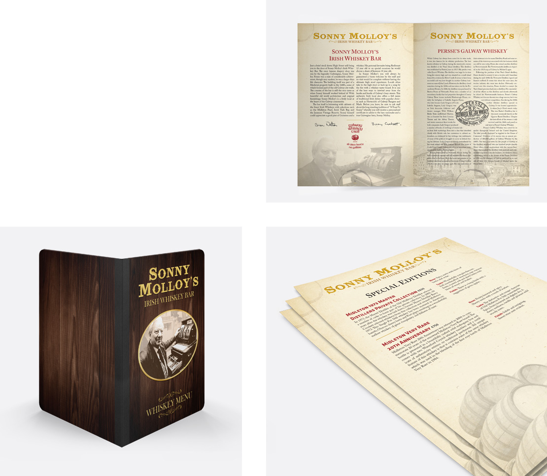 Sonny Molloy's whiskey menu cover and page design