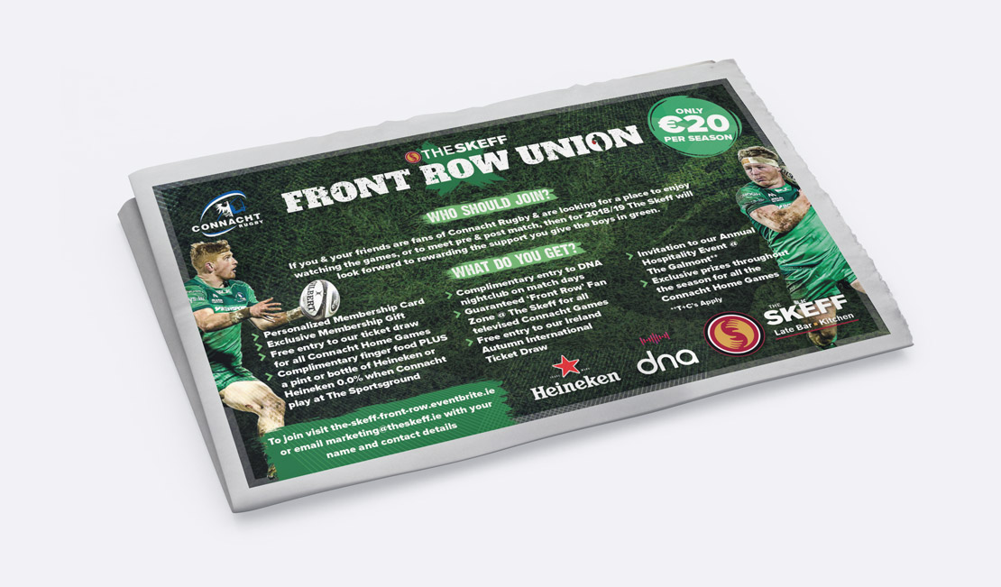 The Skeff Connacht Rugby 'Front Row Union' promotional campaign newspaper ad