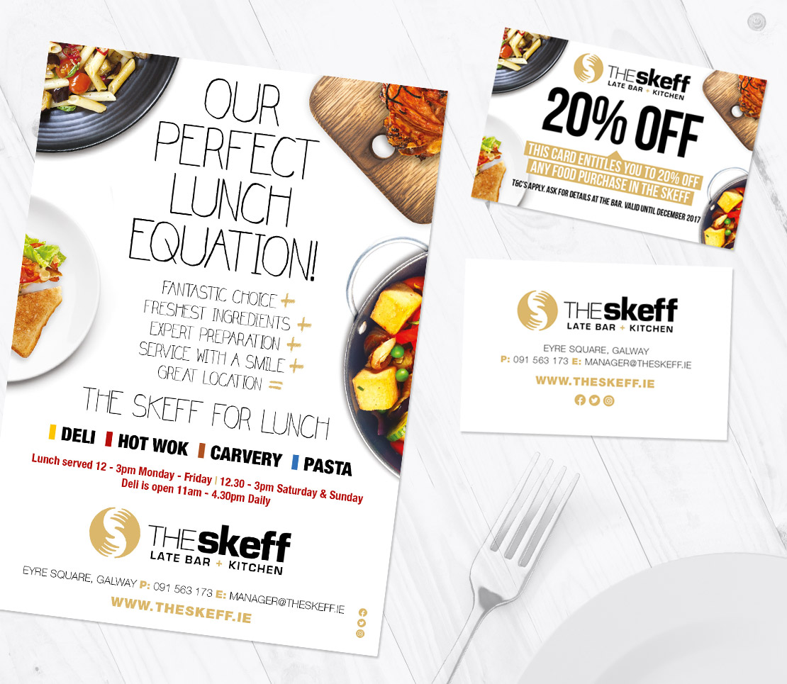 The Skeff 'Perfect Lunch Equation' promotional campaign A5 flyer and business cards
