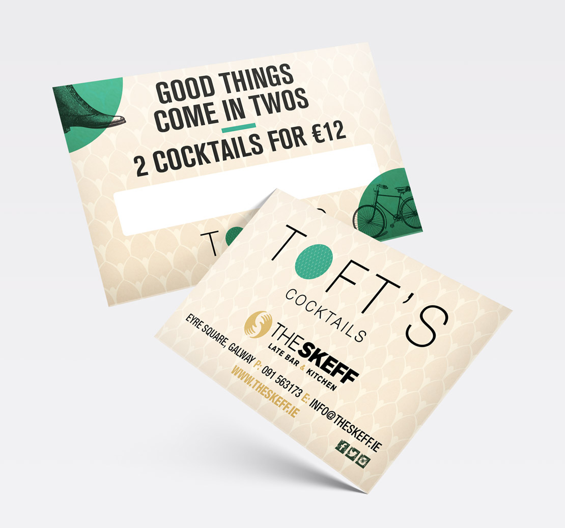 The Skeff's Toft's Cocktail Bar promotional business cards