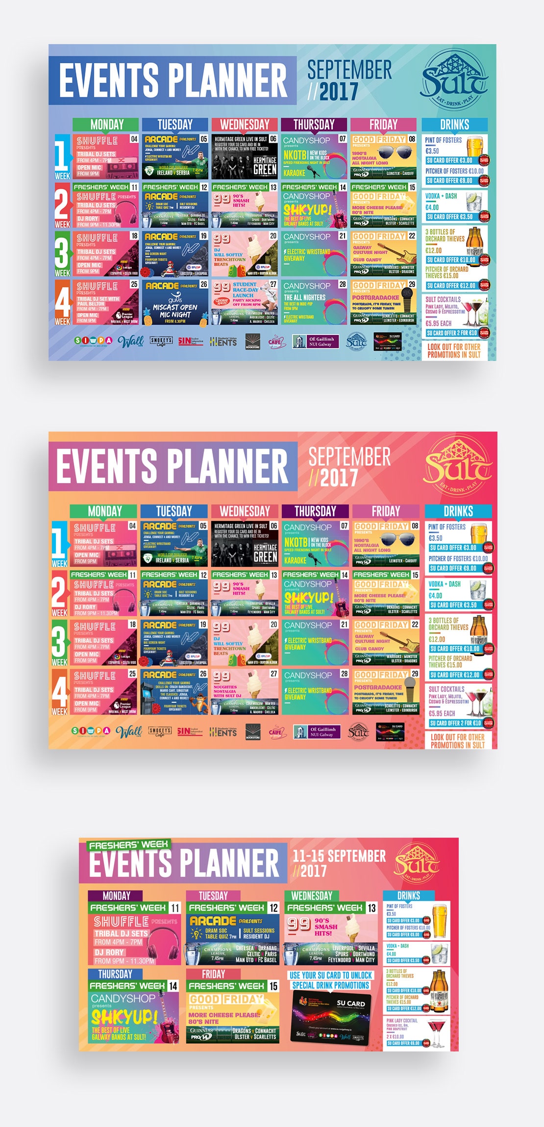 Large format events planner in print and digital formats for Sult Bar, NUIG