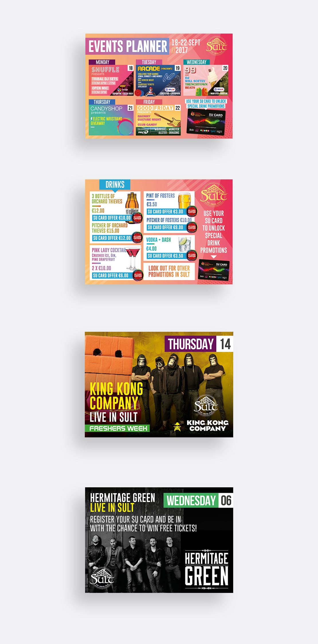 A6 flyers designs for Sult Bar, NUIG